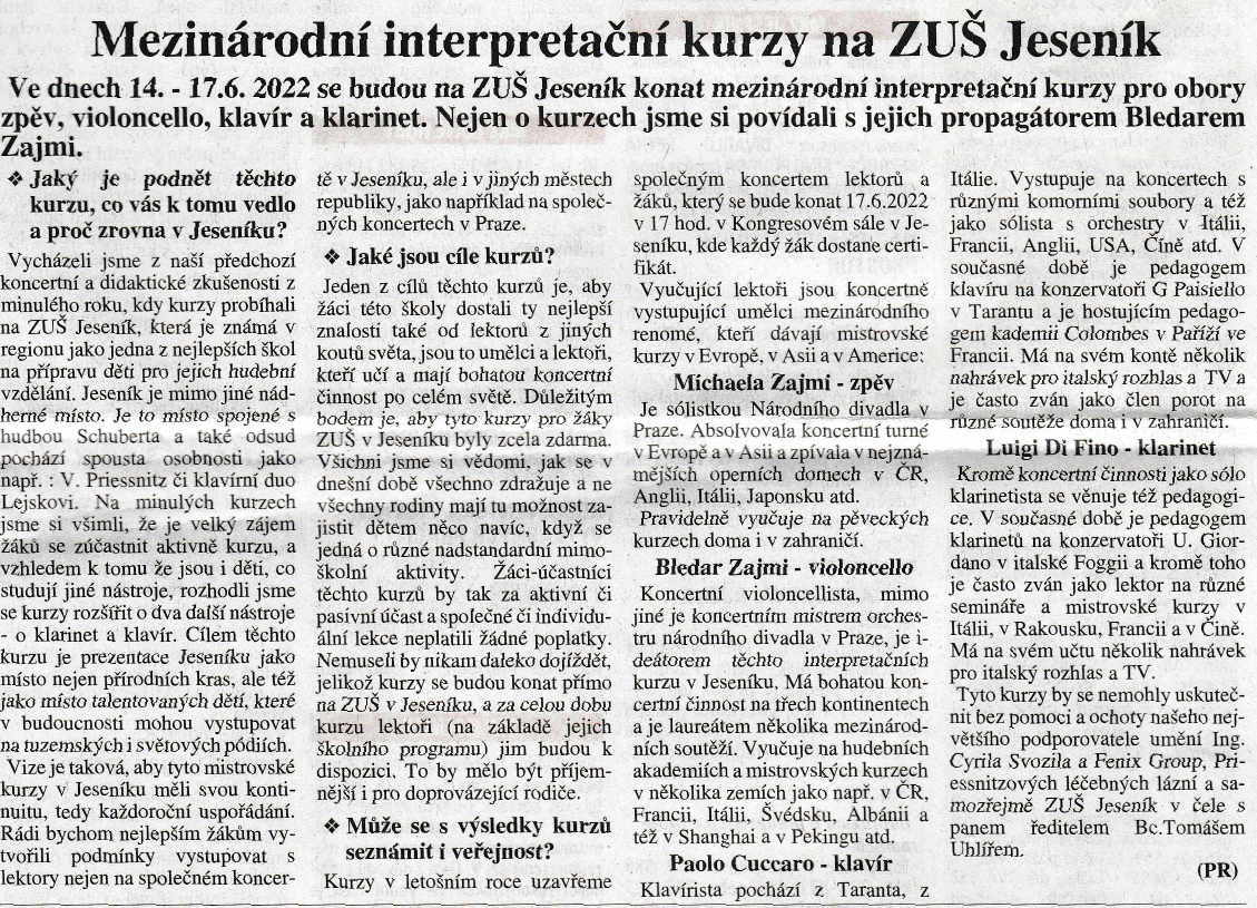 Mezinárodní interpretační kurzy na ZUŠ Jeseník